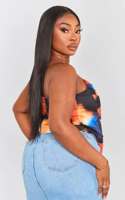 Plus Blue Splodge Print Woven Asymmetric Pointed Hem Corset