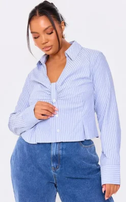 Plus Blue Striped Ruching Detail Shirt