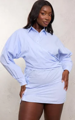 Plus Blue Striped Wrap Front Shirt Dress