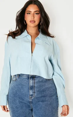Plus Blue Striped Zip Up Cropped Shirt