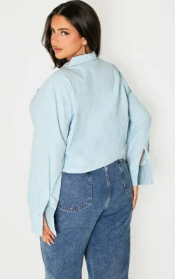 Plus Blue Striped Zip Up Cropped Shirt