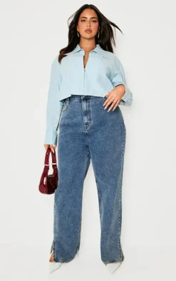 Plus Blue Striped Zip Up Cropped Shirt