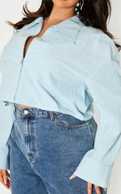 Plus Blue Striped Zip Up Cropped Shirt