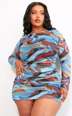 Plus Blue Swirl Print Ruched Detail Bodycon Dress