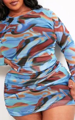Plus Blue Swirl Print Ruched Detail Bodycon Dress
