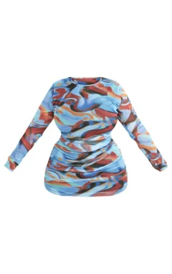 Plus Blue Swirl Print Ruched Detail Bodycon Dress
