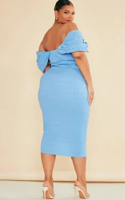 Plus Blue Textured Bardot Midi Dress