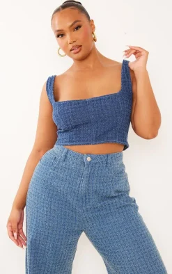 Plus Blue Textured Corset Denim Top