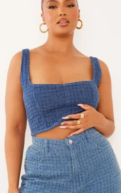 Plus Blue Textured Corset Denim Top