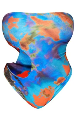 Plus Blue Tie Dye Printed Cut Out Bandeau Swimsuit