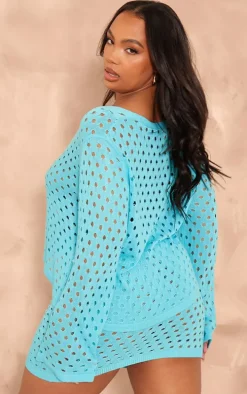 Plus Blue Tie Front Hole Detail Knit Top