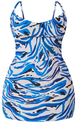 Plus Blue Tiger Printed Plisse Cowl Neck Bodycon Dress