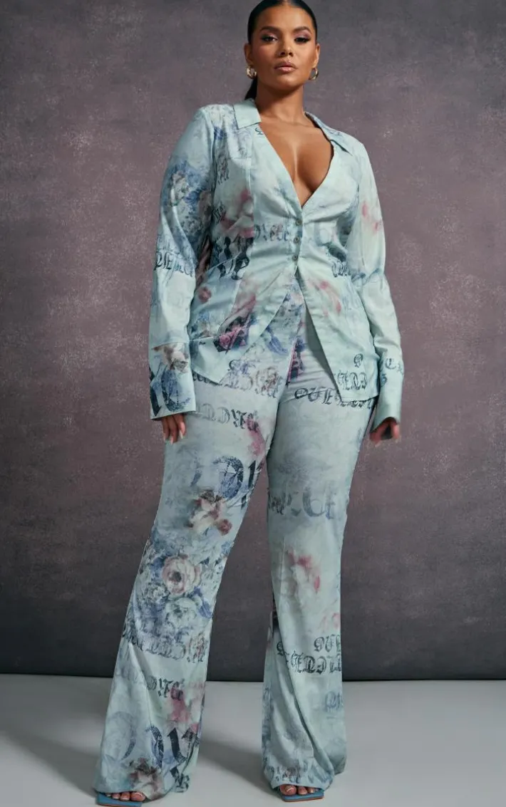 Plus Blue Vintage Floral Print Chiffon Flare Pants