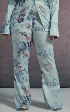Plus Blue Vintage Floral Print Chiffon Flare Pants