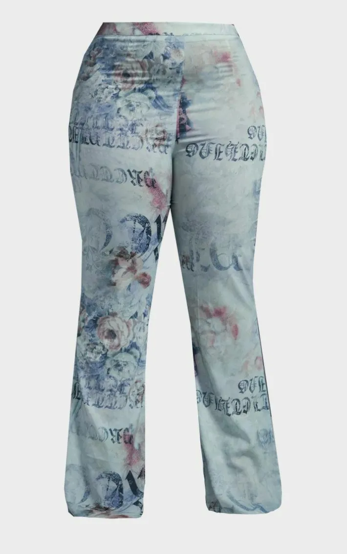 Plus Blue Vintage Floral Print Chiffon Flare Pants
