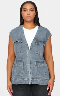 Plus Blue Zip Up Denim Cargo Vest