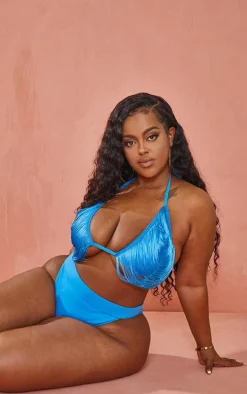 Plus Bright Blue Fringed Triangle Bikini Top