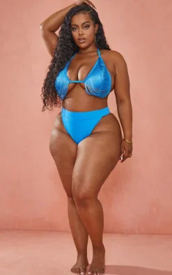 Plus Bright Blue Fringed Triangle Bikini Top
