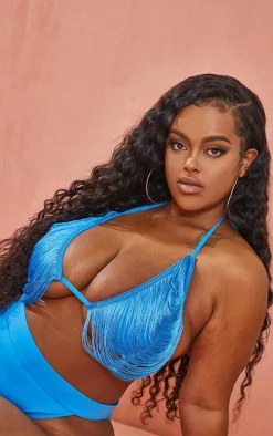 Plus Bright Blue Fringed Triangle Bikini Top