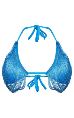 Plus Bright Blue Fringed Triangle Bikini Top