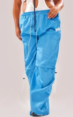 Plus Bright Blue Nylon Drawstring Low Rise Parachute Cargo Pants