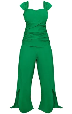 Plus Bright Green Linen Look Wrap Detail Wide Leg Jumpsuit