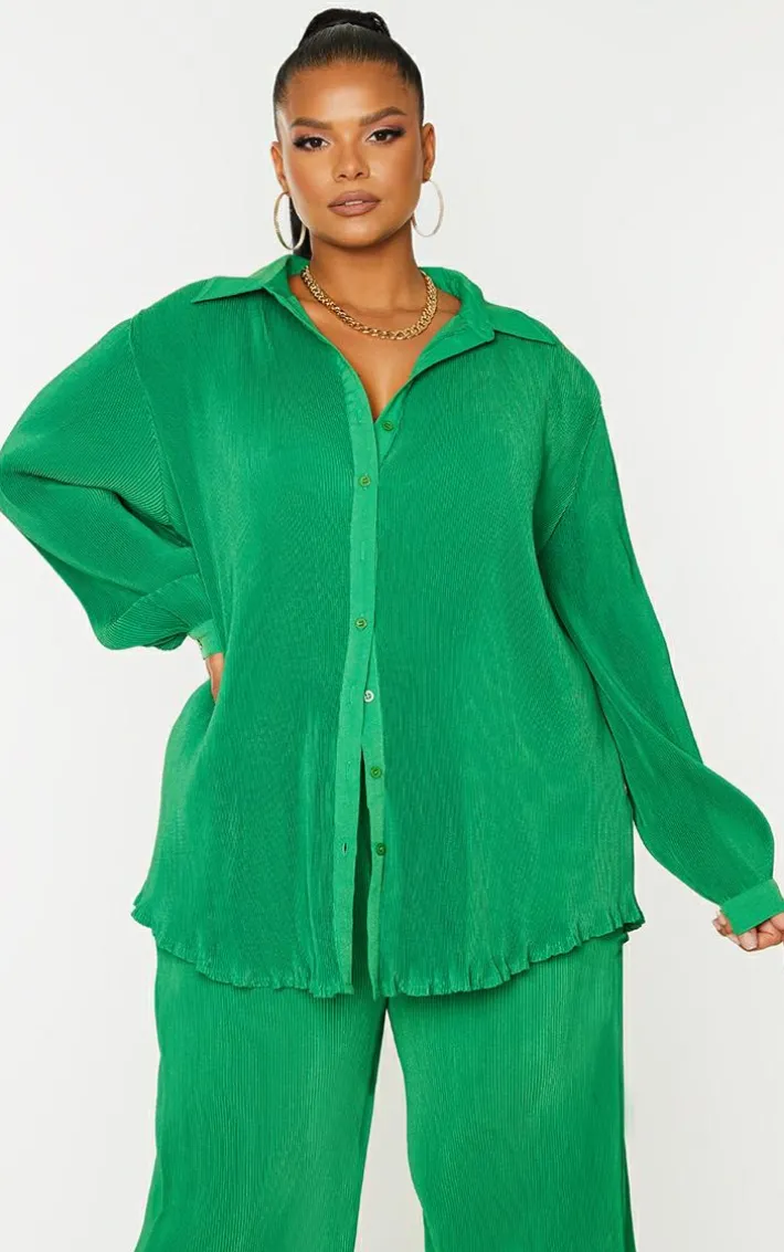 Plus Bright Green Plisse Button Front Oversized Shirt