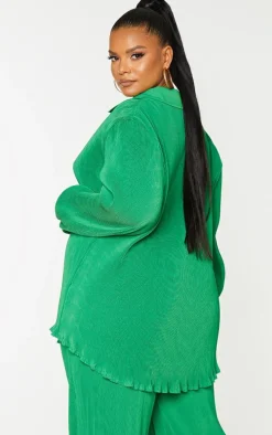 Plus Bright Green Plisse Button Front Oversized Shirt