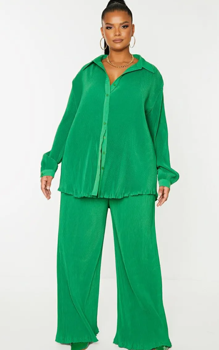 Plus Bright Green Plisse Button Front Oversized Shirt