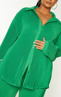 Plus Bright Green Plisse Button Front Oversized Shirt