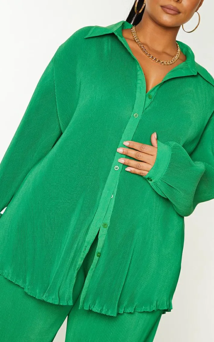 Plus Bright Green Plisse Button Front Oversized Shirt