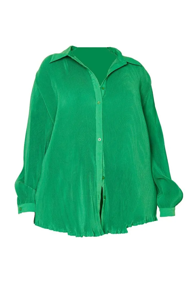 Plus Bright Green Plisse Button Front Oversized Shirt