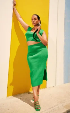 Plus Bright Green Rib Knitted Bodycon Split Skirt