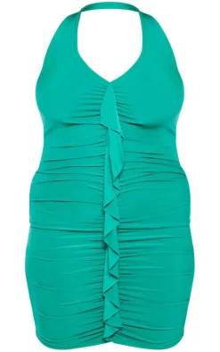 Plus Bright Green Ruffle Detail Halterneck Bodycon Dress