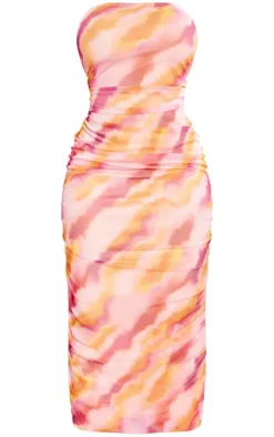 Plus Bright Pink Printed Mesh Bandeau Ruched Midaxi Dress