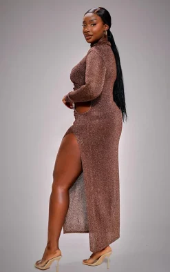 Plus Bronze Glitter High Neck Maxi Dress