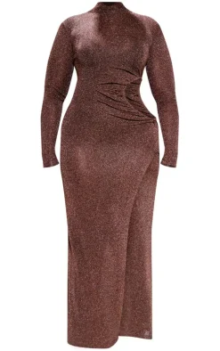 Plus Bronze Glitter High Neck Maxi Dress