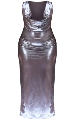 Plus Bronze Metallic Cowl Neck Maxi Dress