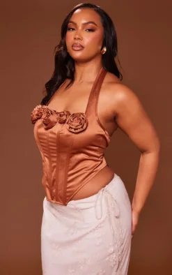 Plus Bronze Satin Rose Applique Trim Halterneck Corset
