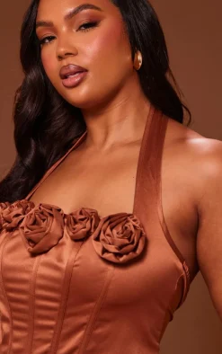 Plus Bronze Satin Rose Applique Trim Halterneck Corset