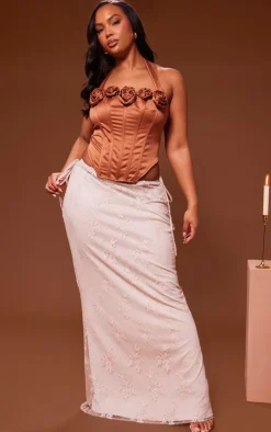 Plus Bronze Satin Rose Applique Trim Halterneck Corset