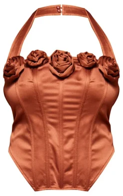 Plus Bronze Satin Rose Applique Trim Halterneck Corset
