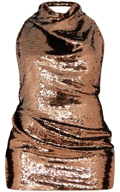 Plus Bronze Sequin High Neck Backless Bodycon Dress