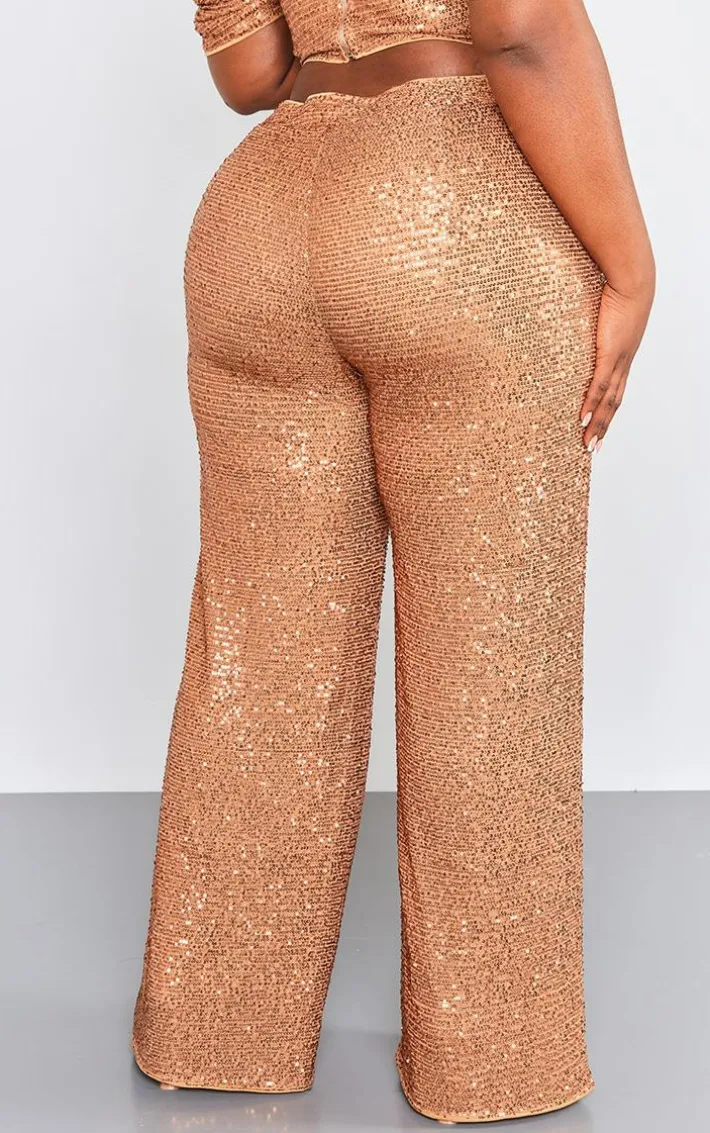 Plus Bronze Sequin High Waist Wide Leg Pant