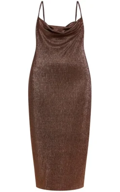 Plus Bronze Textured Glitter Cowl Neck Midi Dress