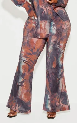 Plus Brown Abstract Print Chiffon Flare Pants