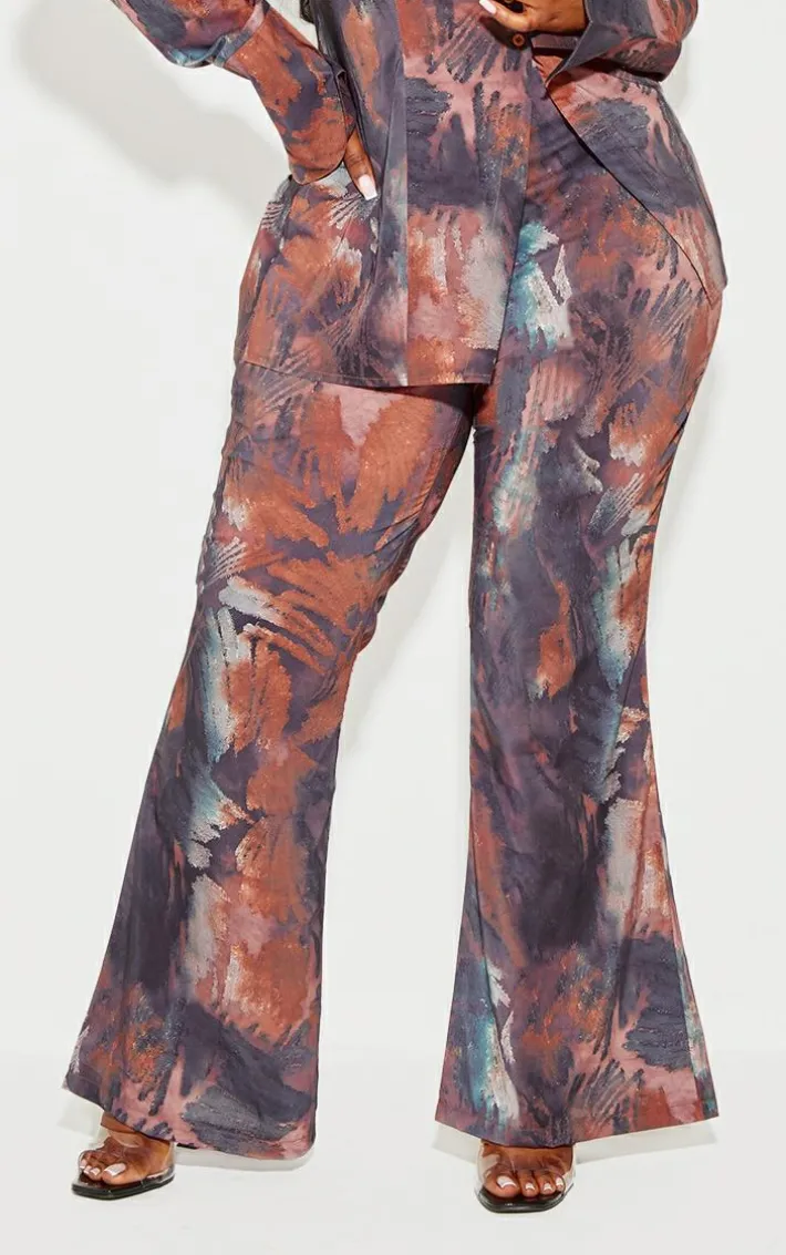 Plus Brown Abstract Print Chiffon Flare Pants