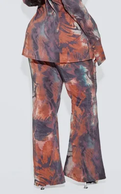 Plus Brown Abstract Print Chiffon Flare Pants