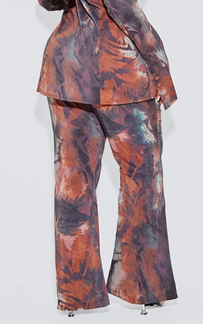 Plus Brown Abstract Print Chiffon Flare Pants