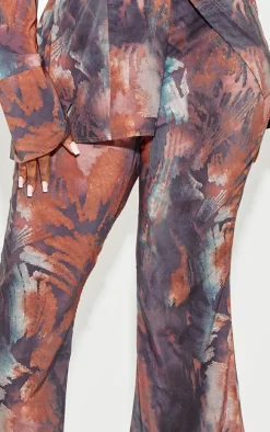 Plus Brown Abstract Print Chiffon Flare Pants